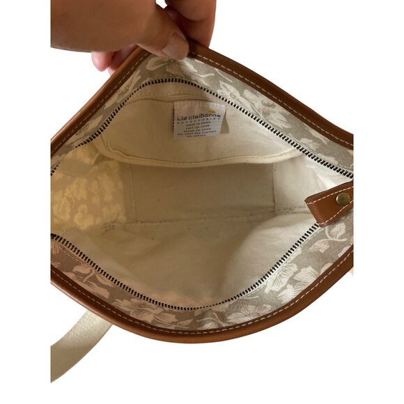Liz Claiborne Floral Canvas Shoulder Bag Adjustable Strap White Beige Brown - Picture 4 of 12